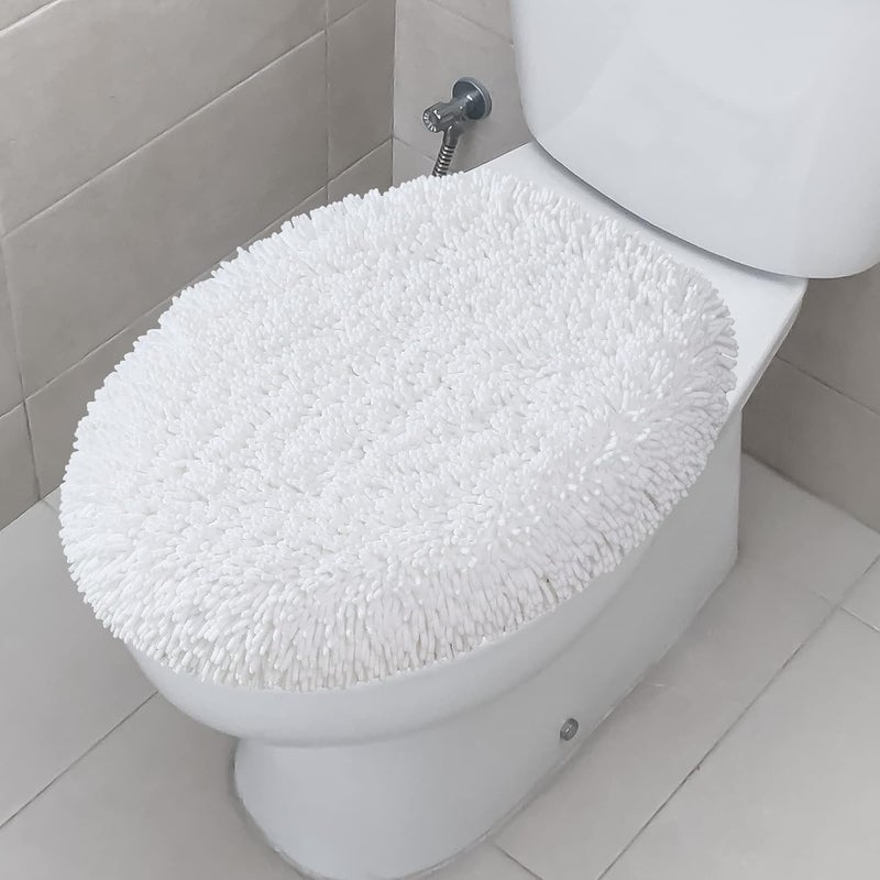 TREETONE Shaggy Chenille Bathroom Toilet Lid Cover, Ultra Soft Plush Seat Covers, Fluffy Absorbent, 19x21 Inches, Standard Toilet Lids for Bathroom Machine Wash & Dry, White - Image 1